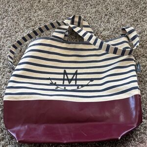 BAGGU + Wels Elm Striped Canvas Tote with Burgundy Base Strap short and long